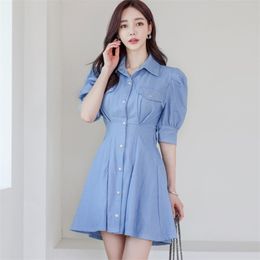 Korea Summer Fashion Denim Shirt Dress Women Elegant Lapel Puff Sleeve Casual Slim Mini Female 210519