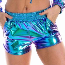Summer Women Metallic Shorts Elastic Waist Shiny Pants Rave Dance Booty with Pockets Sexy Party Club Bottoms 210714