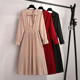 Autumn Winter Long Sleeve Pleated High Waist Dress Women Solid Casual Bow O-Neck Slim Mid Calf Dresses Female 210514