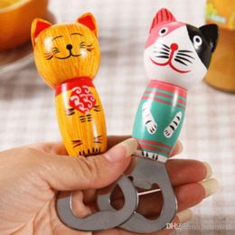 Cute Cartoon Cat Wooden Beer Bottle Opener Stainless steel Portable Fridge Magnetic Bottle Openers Kitchen Tools Gadgets
