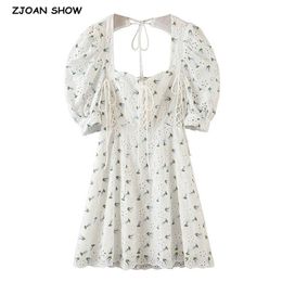 Embroidery hollow Out Hole White Short Sleeve Dress Retro Hollow Back Slim Waist Wood ears Ruffles Mini Dresses Holiday 210429