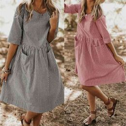 Summer Striped Dres Vintage Half Sleeve Pockets Dresses Plus Size Casual Baggy Sundress Female Vestido Robe 210623