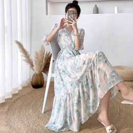 Casual Print A Line Dress For Women V Neck Puff Short Sleeve High Waist Long Dresses Female Summer Fashion Clothes 210515