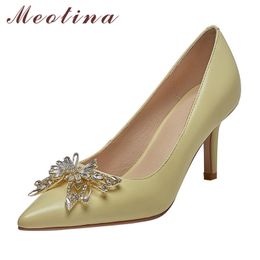 Meotina Women High Heel Shoes Genuine Leather Stiletto Heels Pumps Crystal Bow Pointed Toe Fashion Shoes Party Footwear Yellow 210520