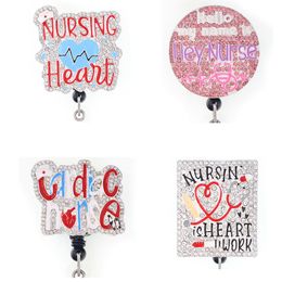 10 pcs/lot Fashion Key Rings Nursing Is Heart Work Crystal Rhinestone Retractable Working Badge Holder Medical ID Reel With Cilp