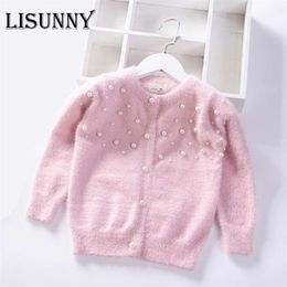 Autumn Winter Pearl Solid warm Girls Sweater Baby Princess mink velvet knit Cardigan jacket Kids Clothes Children Clothing 211104