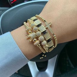 4pcs/set Luxury CZ Gold crown cross Charm mens bracelet stacks copper beads Macrame bracelets & bangles for mens accessories 210323