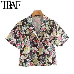 Frauen Fashion Floral Print Button-up Lose Bluse Vintage Revers Kragen Kurzarm Weibliche Shirts Blusas Chic Tops 210507