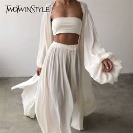 TWOTWINSTYLE White Sexy Three Piece Set For Women Slim Vest Lantern Sleeve Coat Wide Leg Pants Loose Sets Female Fashion 211105