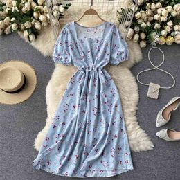 Women Fashion Summer Square Neck Lace Up Waist Thin Sweet Flower Print A-line Dress Short Sleeve Clothes Vestidos S370 210527