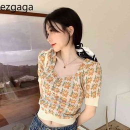 Ezgaga Floral T Shirts Women Korean Chic Puff Short Sleeve Summer New Square Collar Knitted Crop Tops Slim Thin Casual 210430