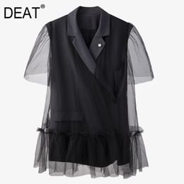 Spring Fashion Black Stitched Mesh Top For Women Ruffles Hem V-neck Collar Short Sleeve T-shirt Summer GX1213 210421