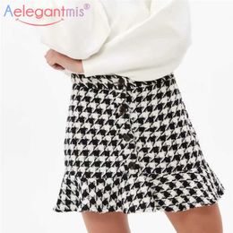 Aelegantmis Ruffles Houndstooth Women Woolen Skirt Mini Kawaii Slim Button Female Wool Spring All Match Streetwear 210607