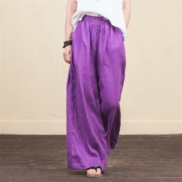 Spring Summer Arts Style Women Elastic Waist Cotton Linen Wide Leg Pants Casual Folk White Straight Trousers Femme S672 210512