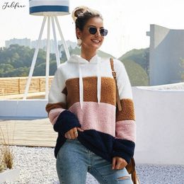 Women Hooded Sweatshirt Autumn Casual Long Sleeve Thick Warm Lady Clothes Fashion Patchwork Pullover Sweatshirt Tops Female 210415