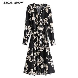 Holiday Button V neck Leaves Floral Print Swing Long Sleeve Women Dress Bohemian Tie Bow Sashes Midi Dresses 210429
