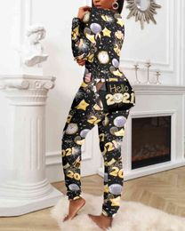 New Year Women's Functional Buttoned Flap Gifts Printed Adults Pajamas Suit Homewear Femme Detachable Jumpsuits 210415