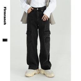 Firmranch Autumn Men/Women Multi Pockets Design Cargo Denim Loose Long Wide Leg Trousers Retro Black Washed Jeans