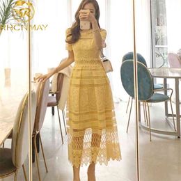 Korean Lace Hollow Yellow Elegant Midi Women Dress High Waist A-line Vintage Womens Clothing Casual Fitted Maxi Beach 210506