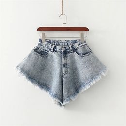 Denim Shorts Summer Loose Wide Leg Ripped Tasselled Retro Frayed Oversized Flared Culottes Fashion Streetwear 210719