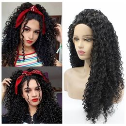free part wigs UK - Synthetic Wigs 26" T-Part Black Long Kinky Curly Lace Wig Free Part Front For White Women High Temperature Fiber