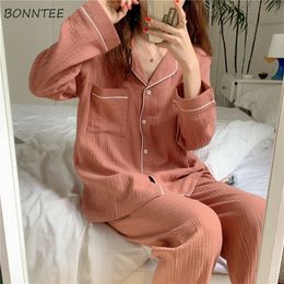 Pyjama Sets Women Solid Cotton Students Harajuku Simple Soft Sleepwear Daily Homewear New Autumn Loose Leisure Cute Long Sleeve X0526