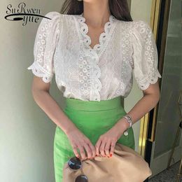 Spring and Summer Women Tops Solid Cotton Sweet Puff Sleeve Lace Shirt Hollow Out Sexy V-neck Short 8747 50 210427