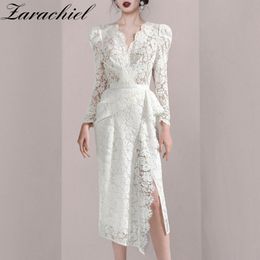 White Sexy Elegant Lace Slit Midi Dress Summer Women Long Sleeve V-Neck Floral Crochet Hollow Out Solid Draped Vestidos 210416