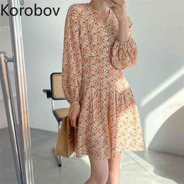 Korobov Spring Summer New V Neck Long Sleeve Dress High Waist Button Chiffon Print Dresses Sweet Chic Vestidos Femme 210430