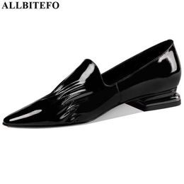 ALLBITEFO elegant low-heeled women heels classic Pattern office high heel shoes nature genuine leather high heels 210611