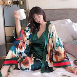 Sexy Women Pajamas Female Autumn winter New Silky Ice Silk Sleepwear Woman Long-Sleeve Three-Piece Pajama Sets 210330