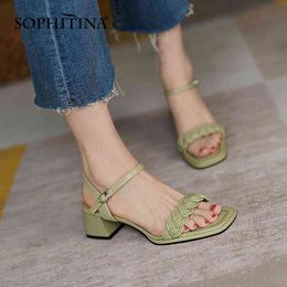 SOPHITINA Summer Basic Female Shoes Thick Mid-heel Buckle Shoes Classics Open Toe Weave Side Hollow Daily Women's Sandals AO687 210513