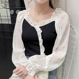 Korean Fashion Women Blouses Sweet Square Collar Ruffles Sequins Blouse Autumn Casual Lantern Sleeve chiffon Shirts 11419 210417
