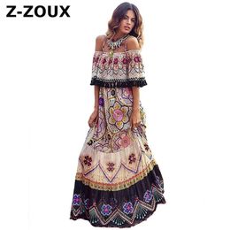 Women Dress Tassel Slash Neck Print Off Shoulder Dresses Plus Size Flowers Summer Beach 210513