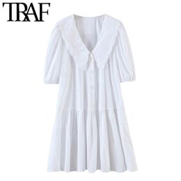 Women Sweet Fashion Embroidery Ruffled White Mini Dress Vintage Peter Pan Collar Puff Sleeve Female Dresses Mujer 210507