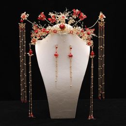 Earrings & Necklace Traditional Chinese Crown For Bride Wedding Hair Accessories Pearls Rhinestone Tiaras Earring Xiuhe Headdress Bridal Jew