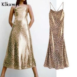 Klkxmyt Za Gold Leopard Print Satin Long Dress Women Camisole Elegant Woman Party Backless Strap Sexy Prom es 210527