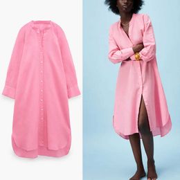 Za Dresses Women Long Sleeve Asymmetric Linen Loose Summer Dress Chic Side Vents Button Up Large Size Pink Midi Dress 210602