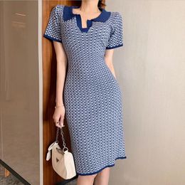 Casual Dresses 2021 Summer Korean Fashion Plaid Knitted Sweater Dress Women Short Sleeve Slim Bodycon Vintage Party Robe Femme