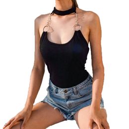 Sexy Metal Chain Halter Backless Off Shoulder Woman Summer Sleeveless Crew Neck Low-cut Skinny Casual Black Night Club Bodysuits 210604