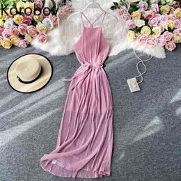 Korobov Summer Beach Style Halter Women Dress Korean Sleeveless Off Shoulder High Waist Lacing Dresses Bohemian Vestidos Femme 210430