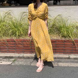 Summer chiffon Girls dress Boho party v neck Female print lace up half Sleeve yellow Women Dresses Robe Vestido 210417