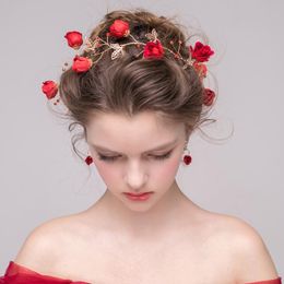 Headpieces O518 Elegant Wedding Bridal Headdress Cloth Love Rose Flowers Pearls Shiny Alloy Leaves Headband For Bride