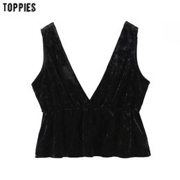 Toppies Autumn Winter Elegant Black Velour Tops Woman Sleeveless Tanks Sexy Club Wear Deep V-Neck 210412