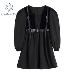 Black Gothic Punk Black Crop Dress Women Long Sleeve Retro Suspenders Belt Mini Frocks Streetwear Square Collar Trendy Lady 210417