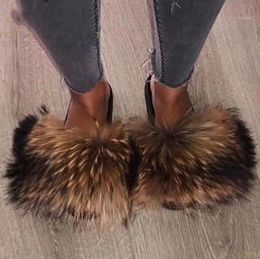 Slippers Test Real Fur Slides Summer Beach Fluffy 100% Raccoon Flops Sandals Shoes Wholesale1