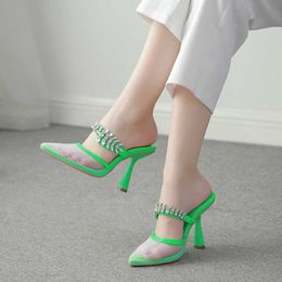 Women Pointed Toe Transparent Sandals Plus Size 35-42 Rhinestone Half Slippers Crystal Stiletto High Heels Summer Slides 2021 Y0721
