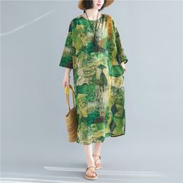 Johnature Women Print Floral Green Dresses Summer Vintage Cotton Blend O-Neck Short Sleeve Women Casual Dresses 210521