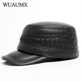 Wuaumx Winter Genuine Leather Military Hats For Men Warm Earflap Hat Cowhide Cap Cow Flat Top Earmuffs Baseball Wide Brim