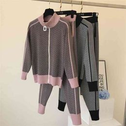 fashion Autumn Winter 2 Piece Set Knitted Tracksuit Turtleneck Zipper Jacket Sweater Coat+Pencil Pant Suit Female Cloth 210519